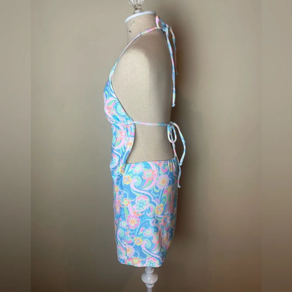Frankie's Bikinis SET Halter Top and Skirt- Blue and Pink Floral